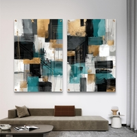 תמונת זכוכית זוגית אבסטרקטית בגווני טורקיז שחור וזהב בהדפסה חלקה מודרנית