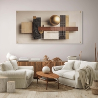 תמונת זכוכית לרוחב בעיצוב גאומטרי מודרני עם כדור זהב, עץ ושיש מתוך קולקציית תכשיט לבית.