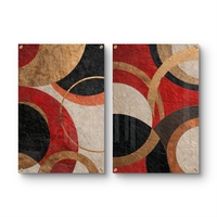 סט תמונות זכוכית זוגי בגווני זהב, אדום, שחור ובז' בעיצוב מעגלי מודרני – תכשיט לבית