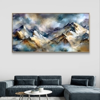 תמונת קנבס נוף הרים אמנותי בגווני כחול זהב ואפור – תכשיט לבית
