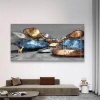 תמונת זכוכית לרוחב עם אבנים בגווני זהב וכחול ודמות אייל בעיצוב אבסטרקטי יוקרתי