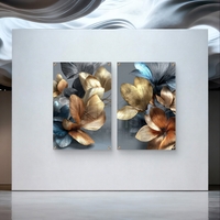 תמונת זכוכית זוגית עם פרחים אבסטרקטיים בגווני זהב, ברונזה וכחול עמוק, הדפסה חלקה ללא תבליט בעיצוב יוקרתי