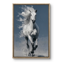 תמונת קנבס של סוס לבן דוהר על רקע כחול עמוק