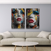 זוג תמונות זכוכית עם דיוקן נשי אבסטרקטי בצבעים דרמטיים ועיצוב מודרני יוקרתי