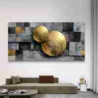 תמונת זכוכית לרוחב בעיצוב אבסטרקטי בגווני אפור עם עיגולים זהובים בסגנון מודרני ויוקרתי