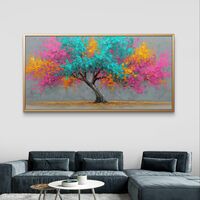 תמונת קנבס לרוחב של עץ צבעוני בגווני טורקיז, ורוד וכתום בעיצוב אומנותי מלא חיים