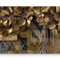 תמונת זכוכית לרוחב עם עץ בעל עלים מוזהבים בעיצוב יוקרתי בגווני זהב וחום עמוק, בהדפסה חלקה