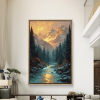 נהר זהוב בין ההרים – תמונת קנבס נוף הרים ויער בגווני כחול וזהב | DC4474