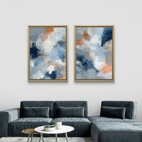 סט תמונות קנבס זוגי בגווני כחול, אפור וכתום בעיצוב אבסטרקטי רך – תכשיט לבית