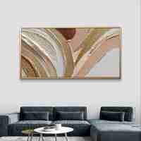 תמונת קנבס אבסטרקטית לרוחב בגווני שמנת, ורוד וזהב עם קווים זורמים ועיצוב אלגנטי