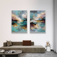 זוג תמונות קנבס מופשטות בגווני טורקיז, זהב ואפור, בהדפסה חלקה ואיכותית, מסדרת NEXTGEN של תכשיט לבית.