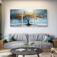 תמונת זכוכית שלישייה עם עץ זהוב על רקע כחול טורקיז בעיצוב מודרני