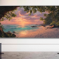 תמונת קנבס לרוחב של חוף טרופי בשקיעה עם עצי קוקוס, גלים וצבעי זהב וטורקיז – NEXTGEN BY BAR