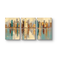 תמונת זכוכית שלישייה עם נוף עירוני אבסטרקטי והשתקפות מים בגווני זהב ותכלת, בעיצוב מודרני ויוקרתי