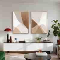 זוג תמונות קנבס בגווני בז׳, חום וקרם, בעיצוב מופשט עם קווים רכים והרמוניים, הדפסה חלקה ואיכותית מבית תכשיט לבית – NEXTGEN BY BAR.