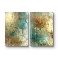 תמונת זכוכית זוגית בעיצוב אבסטרקטי עם שילוב זהב וטורקיז במראה יוקרתי