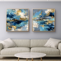 זוג תמונות קנבס מרובעות אבסטרקט בגווני כחול וטורקיז עם נגיעות זהב