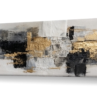 תמונת קנבס פנורמית אבסטרקטית בגווני שחור, לבן ואפור עם נגיעות זהב בעיצוב מודרני ויוקרתי