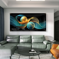 תמונת זכוכית לרוחב עם כדורים מוזהבים ותנועת גלים בגווני תכלת וזהב – תכשיט לבית