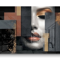 תמונת זכוכית לרוחב עם דיוקן נשי אבסטרקטי בגווני שחור, אפור וזהב בעיצוב יוקרתי