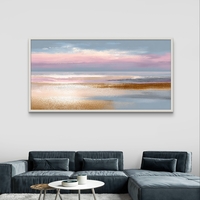 תמונת קנבס לרוחב בסגנון אבסטרקט נופי עם שכבות צבע רכות בגווני תכלת, ורוד ובז’, לעיצוב סלון רגוע ומואר