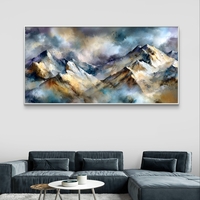 תמונת קנבס נוף הרים אמנותי בגווני כחול זהב ואפור – תכשיט לבית