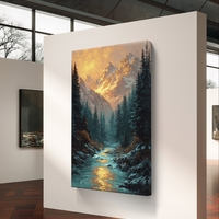 נהר זהוב בין ההרים – תמונת קנבס נוף הרים ויער בגווני כחול וזהב | DC4474