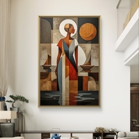 תמונת קנבס עם דמות נשית מופשטת בסגנון גאומטרי בגווני אדמה וכחול בעיצוב אלגנטי ומודרני