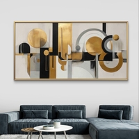 תמונת קנבס גאומטרית לרוחב בגווני שחור, לבן וזהב עם צורות מעוגלות וקווים מודרניים