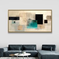 קנבס מודרני בסגנון אבסטרקט גיאומטרי, צבעי שמנת ובז׳ עם מלבן טורקיז מרכזי