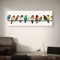 תמונת קנבס פנורמית עם שורת ציפורים צבעוניות יושבות על חוט מעל ספה אפורה.