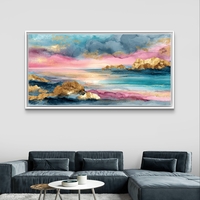 תמונת קנבס אקוורל נוף ים ורוד וטורקיז עם זהב – קנבס מודרני לרוחב--דגם CC4564
