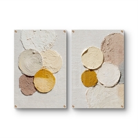 תמונת זכוכית זוגית בעיצוב אבסטרקטי מינימליסטי עם עיגולים בגווני שמנת, בז’ וחרדל, הדפסה חלקה וללא תבליט