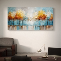 תמונת זכוכית לרוחב עם שדרת עצים בגווני תכלת וזהב המשתקפים במים, בהדפסה חלקה לעיצוב קיר יוקרתי ומרגיע.