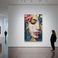 תמונת זכוכית עם דמות נשית בעיניים עצומות, טקסטורות זהב וגווני כחול בעיצוב אמנותי, רגוע ויוקרתי לקיר הבית