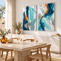 זוג תמונות זכוכית אבסטרקטיות בכחול וטורקיז עם נגיעות כתומות | דגם BG6764