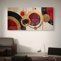 תמונת זכוכית לרוחב בעיצוב גאומטרי עם מעגלים בגווני זהב, אדום ושחור – תכשיט לבית