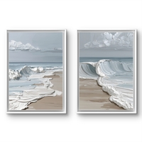 זוג תמונות קנבס גלי ים בגווני תכלת ולבן בעיצוב מודרני
