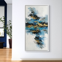 תמונת קנבס לאורך אבסטרקטית בגווני כחול, שחור ולבן עם נגיעות זהב יוקרתיות