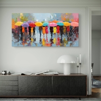 תמונת קנבס לרוחב עם אנשים תחת מטריות צבעוניות בגשם – תכשיט לבית