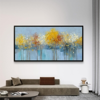 תמונת קיר רגועה לסלון עם עצים דקים ואווירה אוורירית בצבעי תכלת וזהב