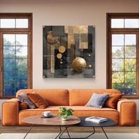 תמונת זכוכית מרובעת בעיצוב אבסטרקט גאומטרי בגווני שחור וזהב עם אלמנטים עגולים ומלבניים