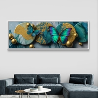 תמונת קנבס פנורמית עם פרפרים בגווני טורקיז וזהב בהדפסה חלקה – תכשיט לבית