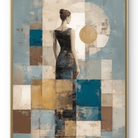 תמונת קנבס של דמות נשית בגב לצופה עם קומפוזיציה גאומטרית בגווני תכלת, קרם וחום בהדפסה חלקה