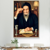 תמונת קנבס אומנותית של הבבא סאלי יושב ליד שולחנו, עם ספר קדוש פתוח, כוס קידוש ונרות ברקע. יצירה המשדרת קדושה, חוכמה וברכה, מתאימה לבית יהודי, בתי כנסת וחללים רוחניים.