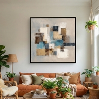 קנבס מודרני מינימליסטי בגווני ניטרל וכחול עם מרקם עדין ועיצוב גיאומטרי