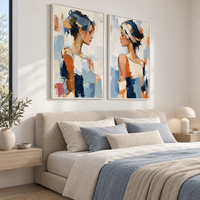 זוג תמונות קנבס נשים אלגנטיות באמנות מודרנית בגווני כחול וכתום | דגם TL8711