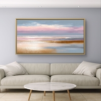 תמונת קנבס לרוחב בסגנון אבסטרקט נופי עם שכבות צבע רכות בגווני תכלת, ורוד ובז’, לעיצוב סלון רגוע ומואר