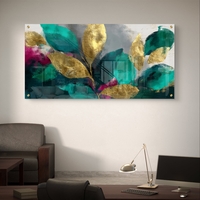תמונת זכוכית לרוחב עם עלי זהב ורקע טורקיז אבסטרקטי – תכשיט לבית