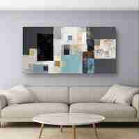 תמונת קנבס לרוחב בסגנון אבסטרקטי מודרני בגווני תכלת, אפור ובז’ בעיצוב נקי ויוקרתי לסלון